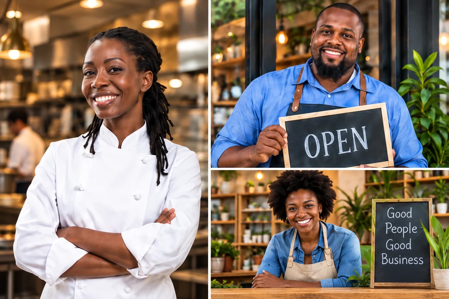 Generated collage of three Black small-business owners in a restaurant and storefront